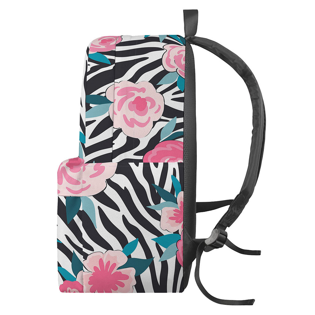 Black White Zebra Floral Pattern Print Backpack