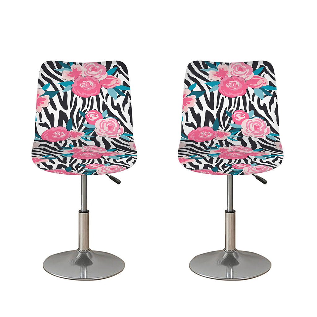 Black White Zebra Floral Pattern Print Bar Stool Covers