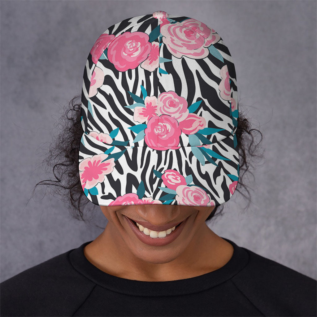 Black White Zebra Floral Pattern Print Baseball Cap