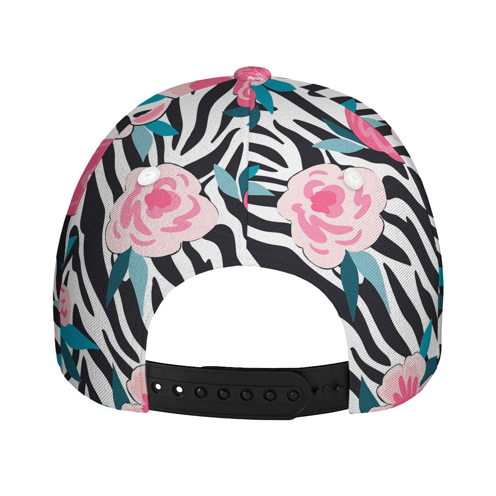 Black White Zebra Floral Pattern Print Baseball Cap
