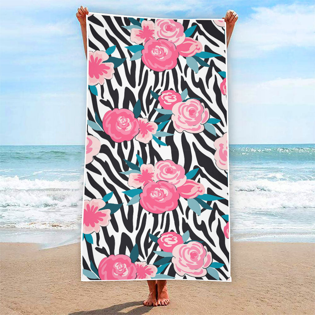 Black White Zebra Floral Pattern Print Beach Towel