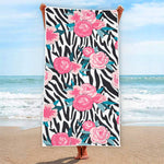 Black White Zebra Floral Pattern Print Beach Towel