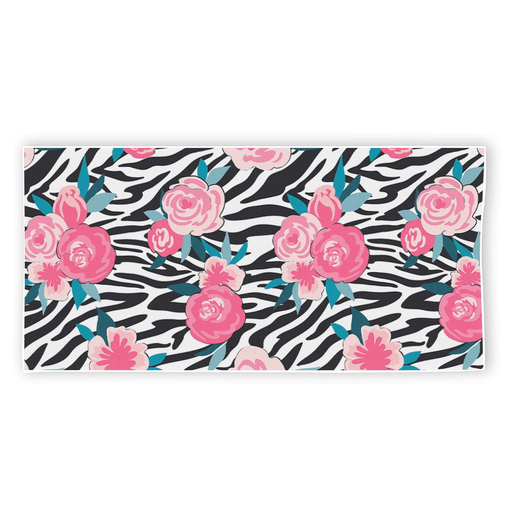 Black White Zebra Floral Pattern Print Beach Towel