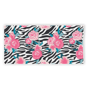 Black White Zebra Floral Pattern Print Beach Towel