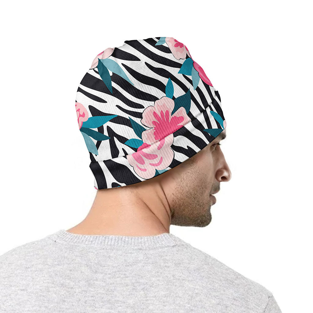 Black White Zebra Floral Pattern Print Beanie