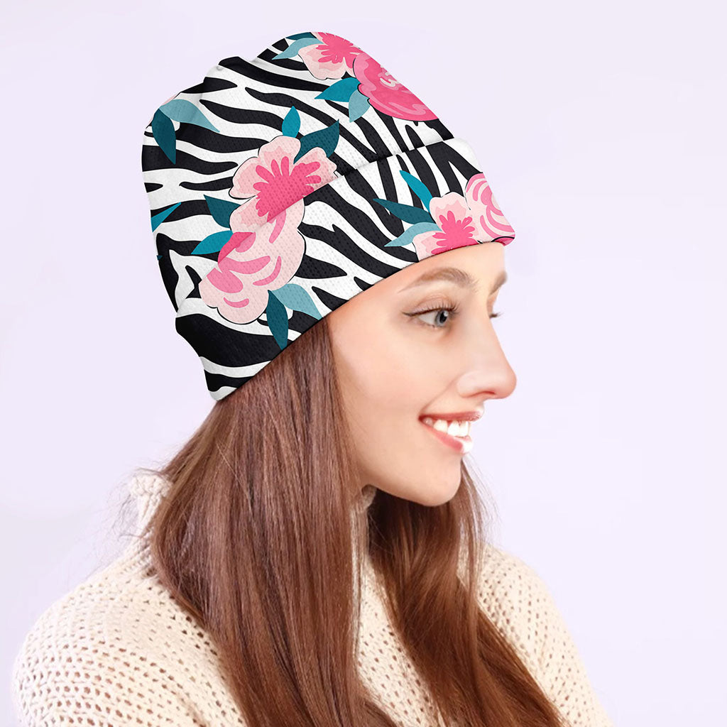 Black White Zebra Floral Pattern Print Beanie