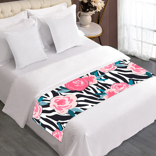 Black White Zebra Floral Pattern Print Bed Runner