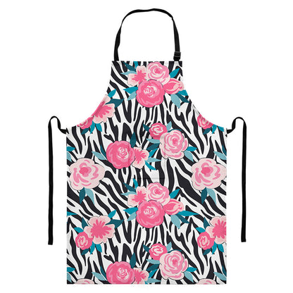Black White Zebra Floral Pattern Print Bib Apron With Pocket