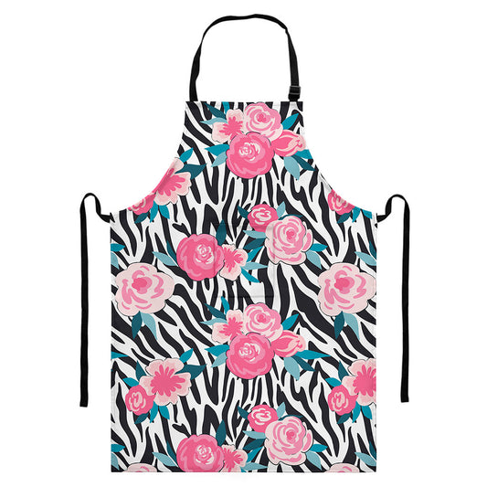 Black White Zebra Floral Pattern Print Bib Apron With Pocket