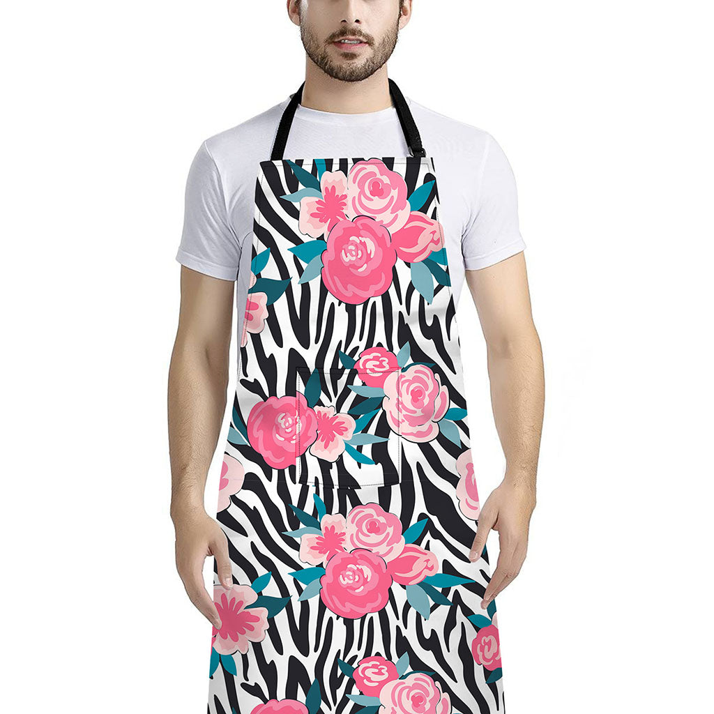 Black White Zebra Floral Pattern Print Bib Apron With Pocket