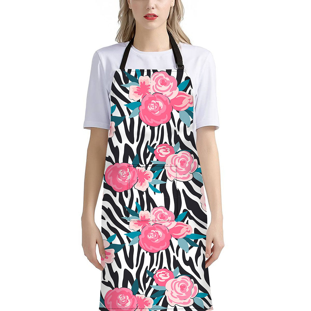 Black White Zebra Floral Pattern Print Bib Apron With Pocket