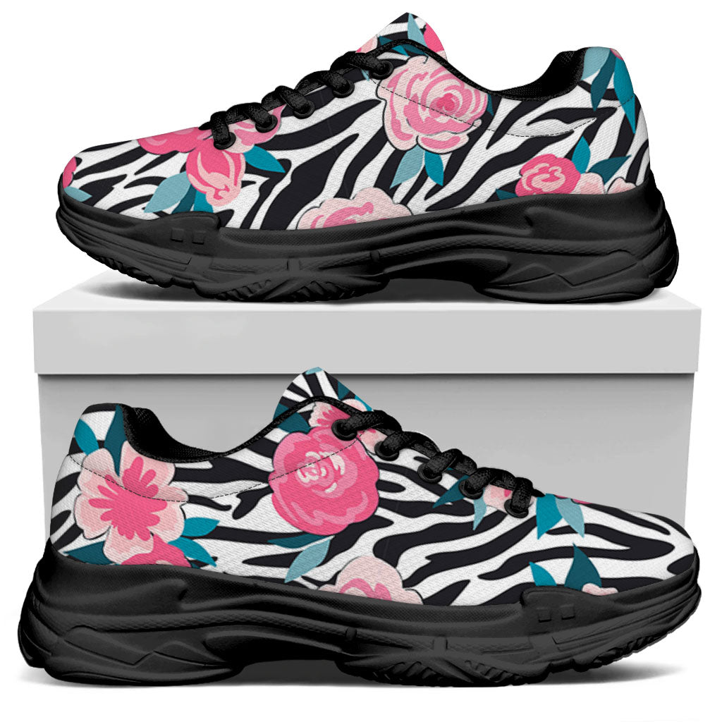 Black White Zebra Floral Pattern Print Black Chunky Shoes