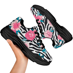 Black White Zebra Floral Pattern Print Black Chunky Shoes