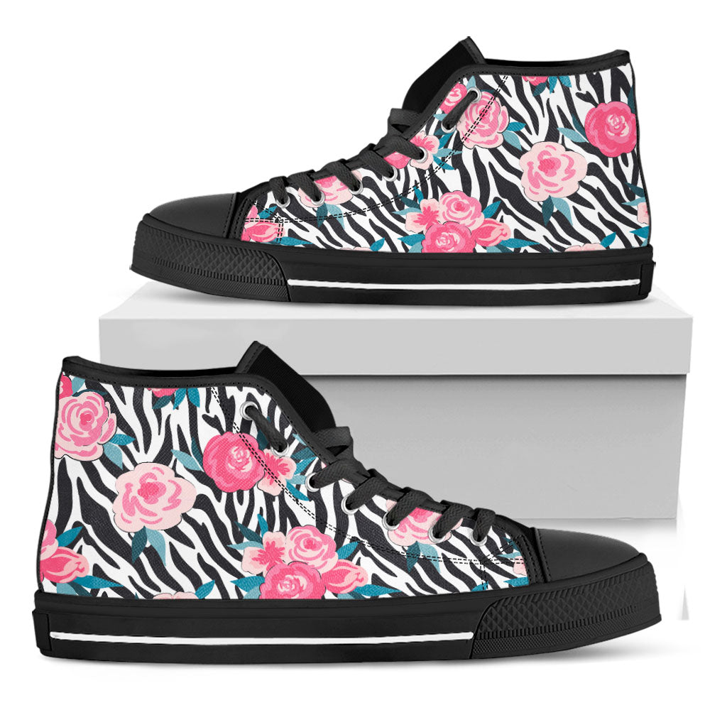 Black White Zebra Floral Pattern Print Black High Top Sneakers