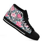 Black White Zebra Floral Pattern Print Black High Top Sneakers