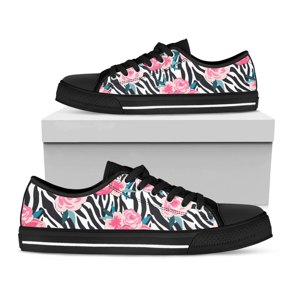 Black White Zebra Floral Pattern Print Black Low Top Sneakers