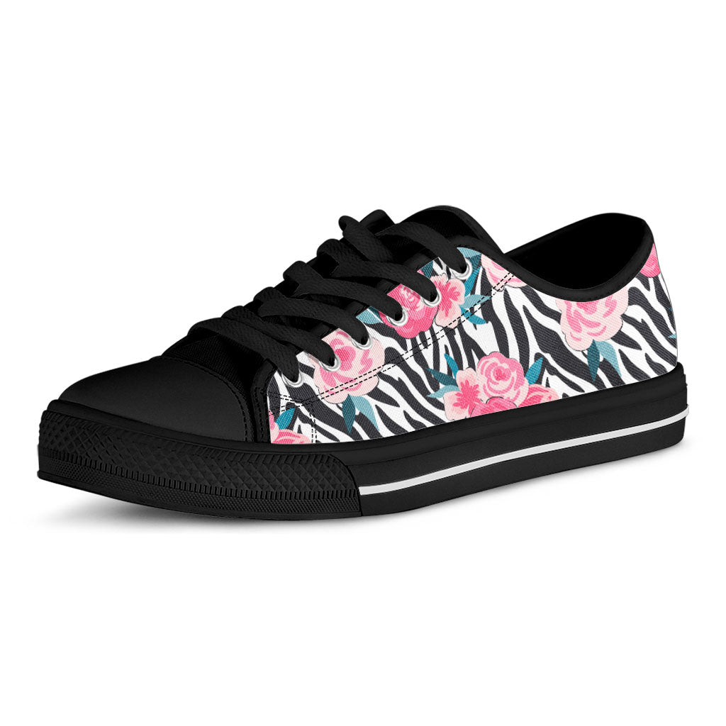 Black White Zebra Floral Pattern Print Black Low Top Sneakers