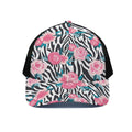 Black White Zebra Floral Pattern Print Black Mesh Trucker Hat