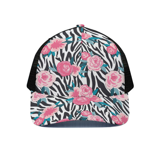 Black White Zebra Floral Pattern Print Black Mesh Trucker Cap