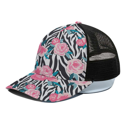 Black White Zebra Floral Pattern Print Black Mesh Trucker Cap
