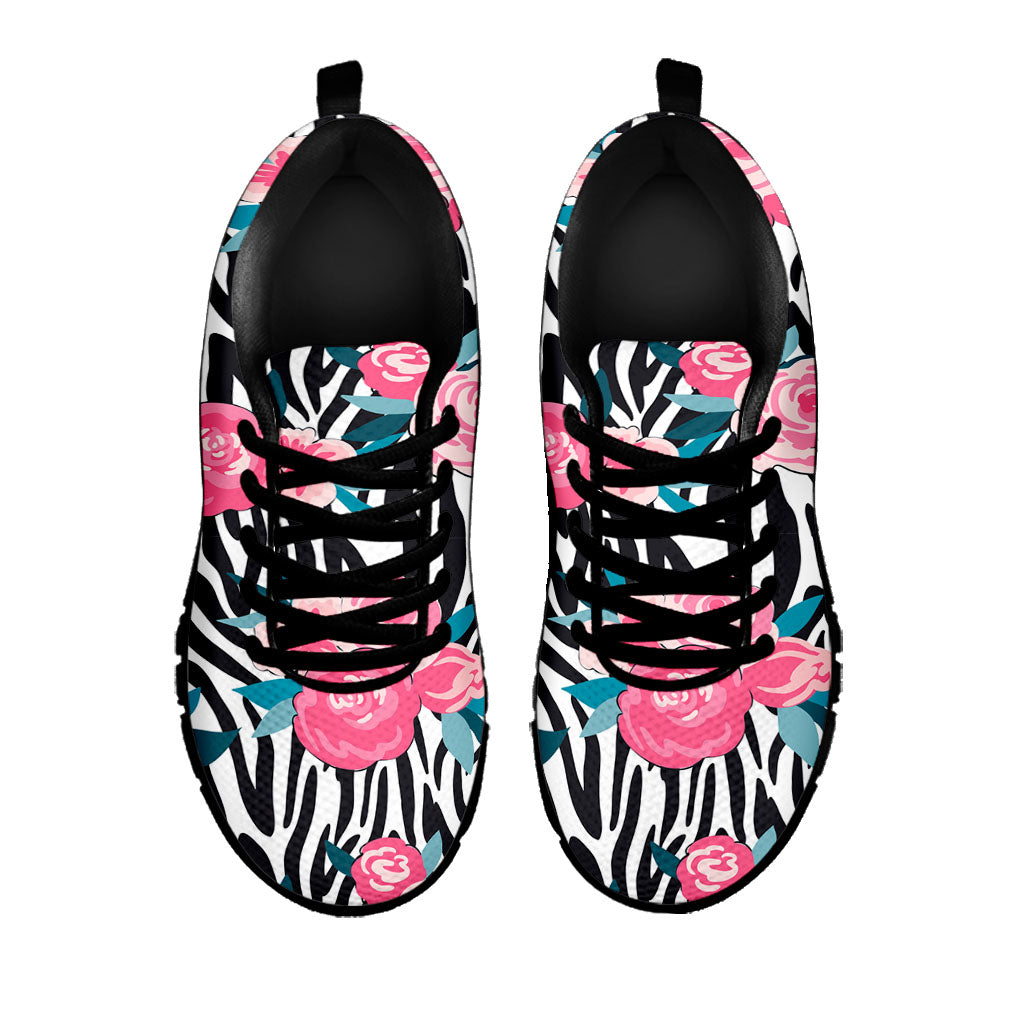 Black White Zebra Floral Pattern Print Black Running Shoes