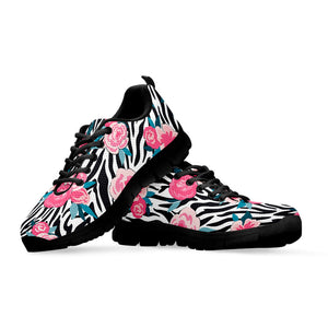 Black White Zebra Floral Pattern Print Black Running Shoes