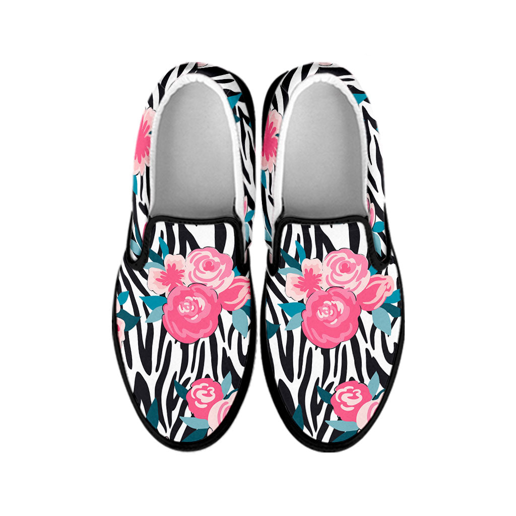 Black White Zebra Floral Pattern Print Black Slip On Sneakers