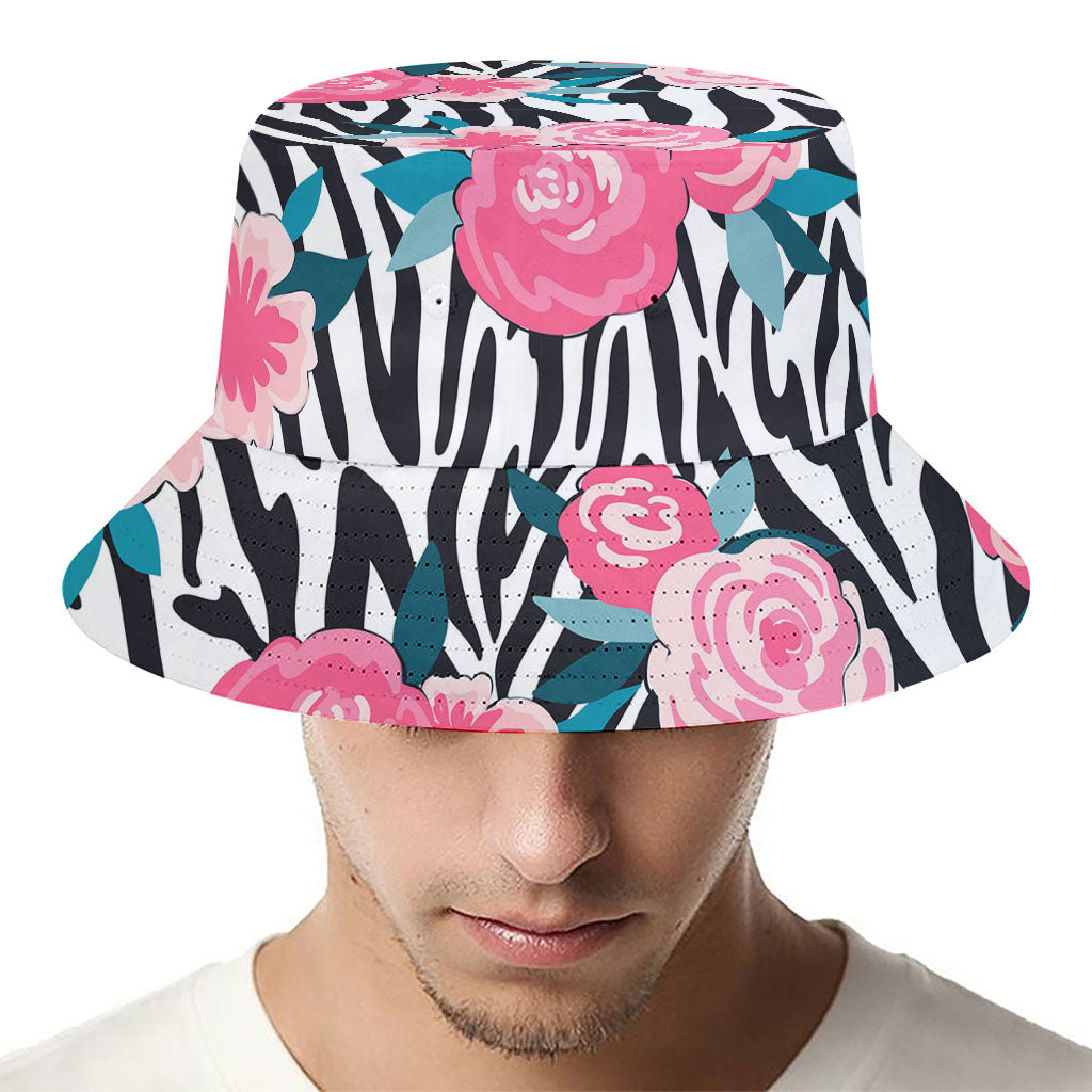 Black White Zebra Floral Pattern Print Bucket Hat