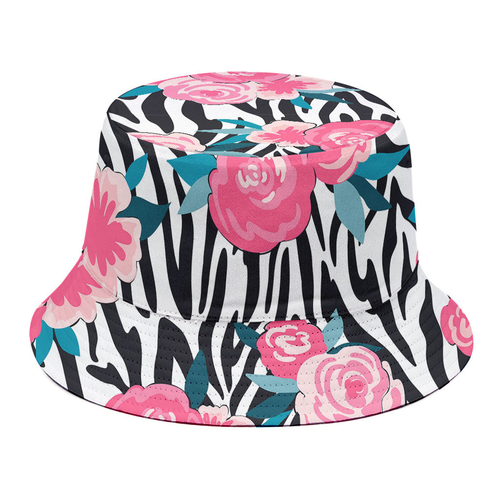 Black White Zebra Floral Pattern Print Bucket Hat