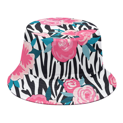 Black White Zebra Floral Pattern Print Bucket Hat