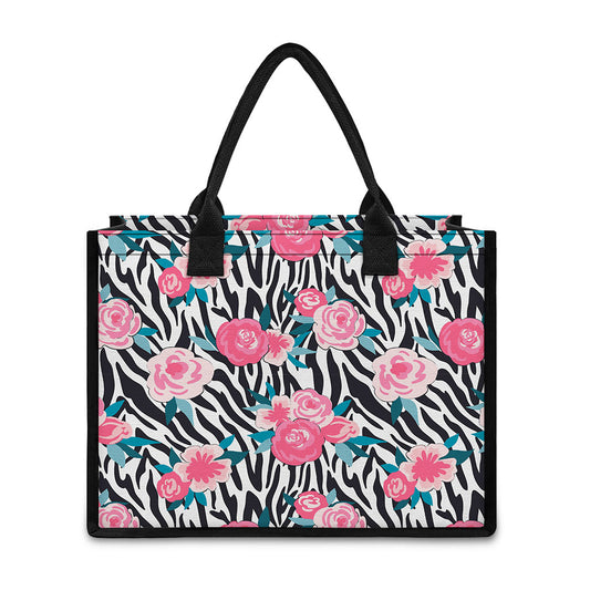 Black White Zebra Floral Pattern Print Canvas Tote Bag