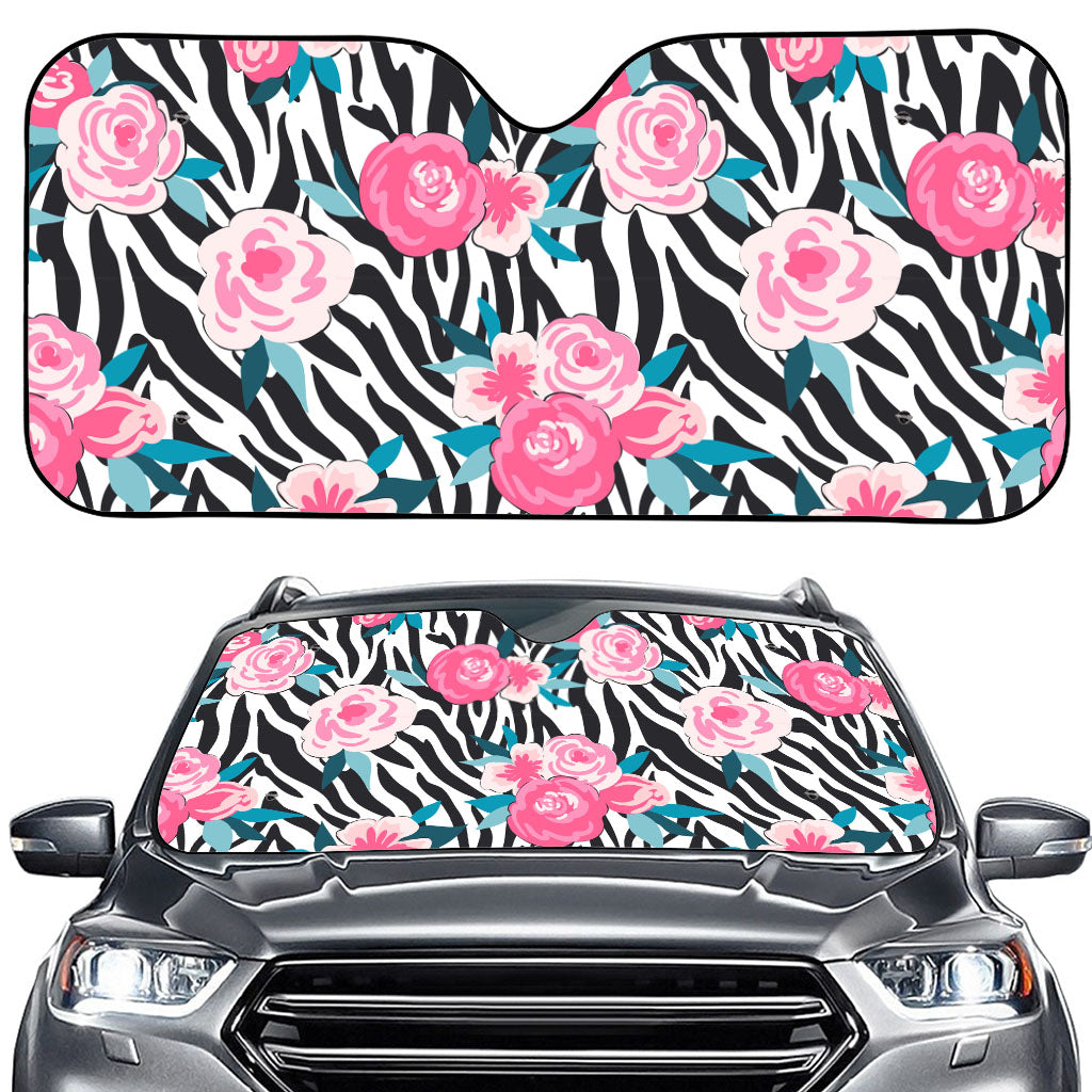 Black White Zebra Floral Pattern Print Car Windshield Sun Shade