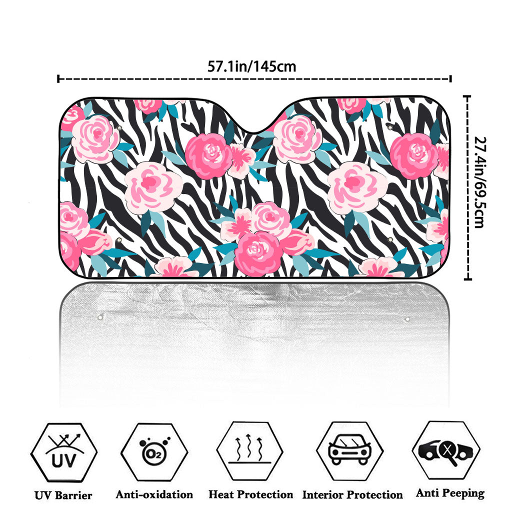 Black White Zebra Floral Pattern Print Car Windshield Sun Shade