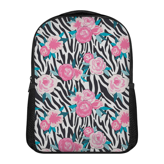 Black White Zebra Floral Pattern Print Casual Backpack