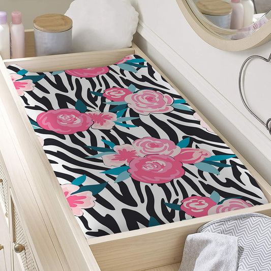 Black White Zebra Floral Pattern Print Changing Pad Cover