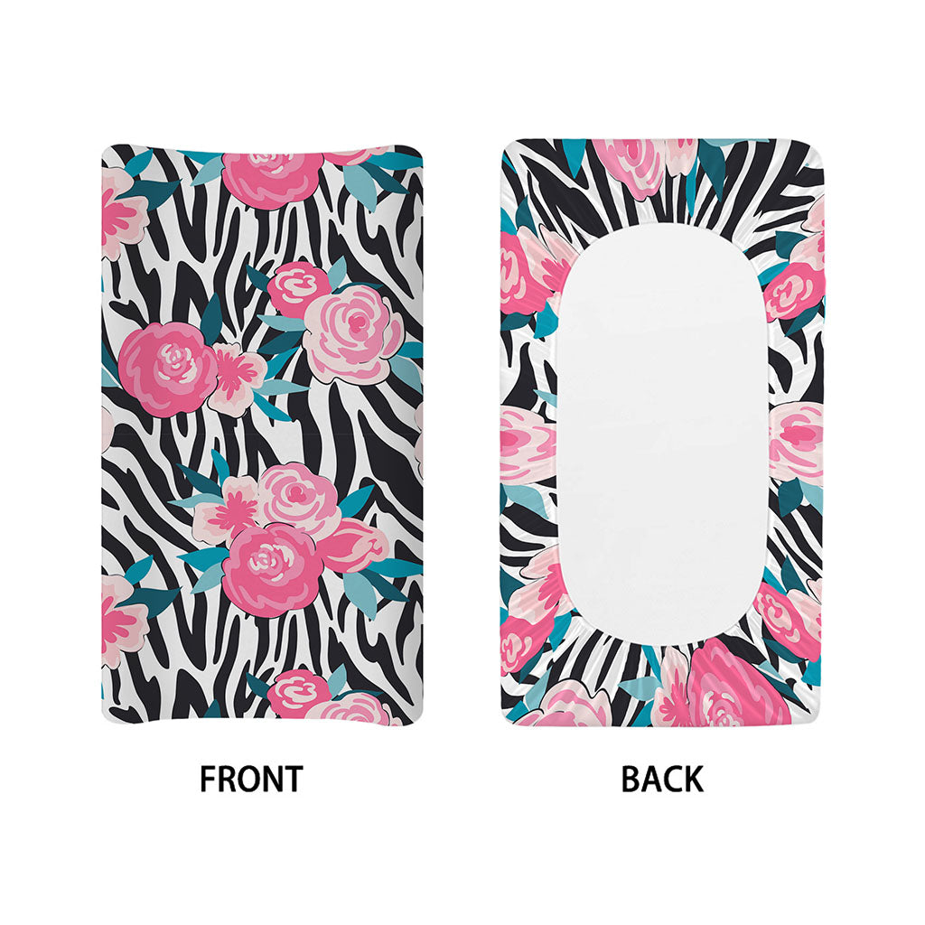 Black White Zebra Floral Pattern Print Changing Pad Cover