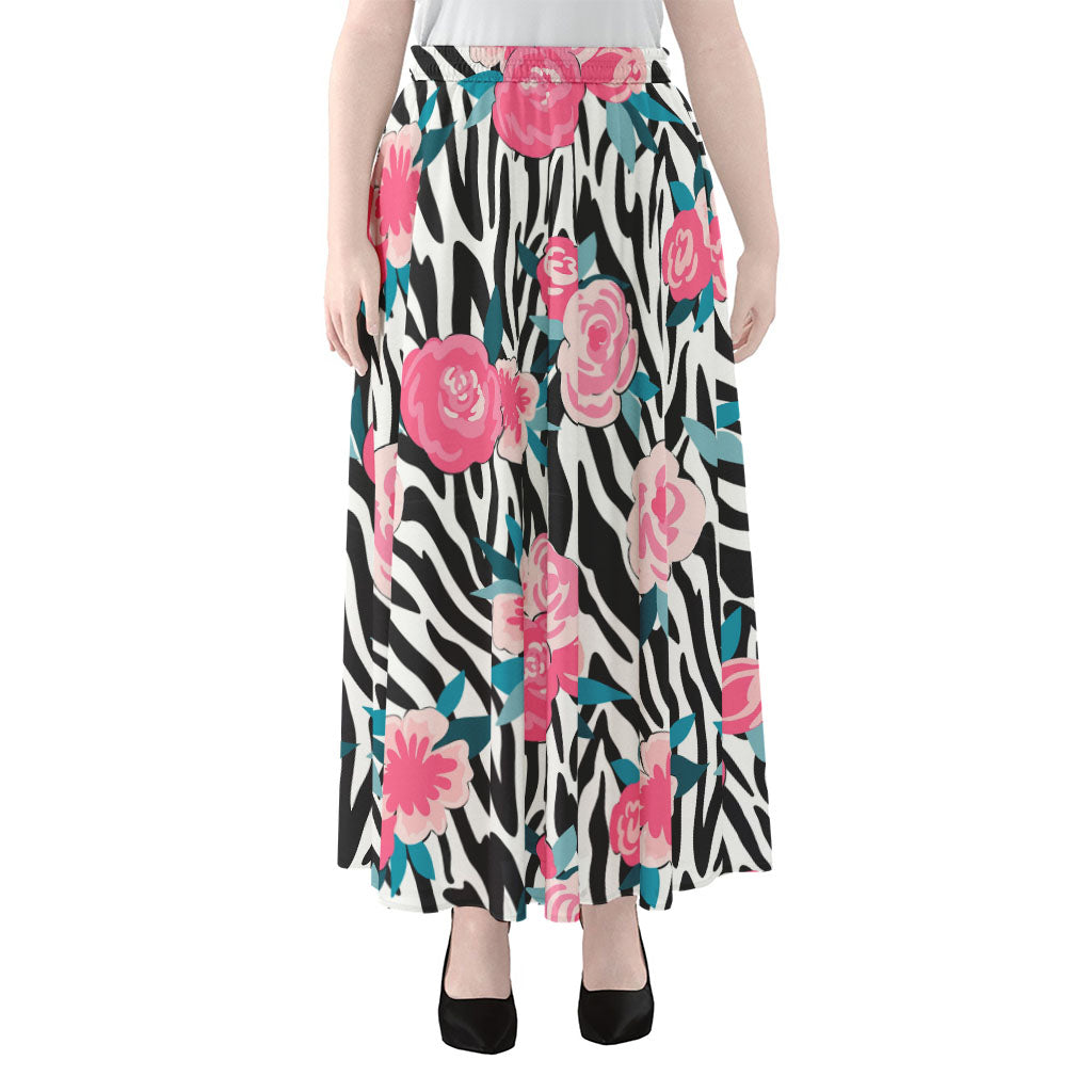 Black White Zebra Floral Pattern Print Chiffon Maxi Skirt