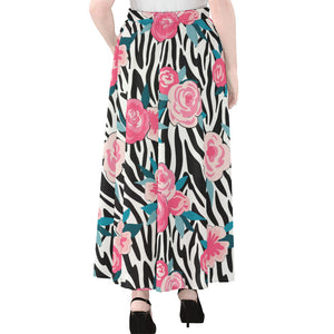 Black White Zebra Floral Pattern Print Chiffon Maxi Skirt