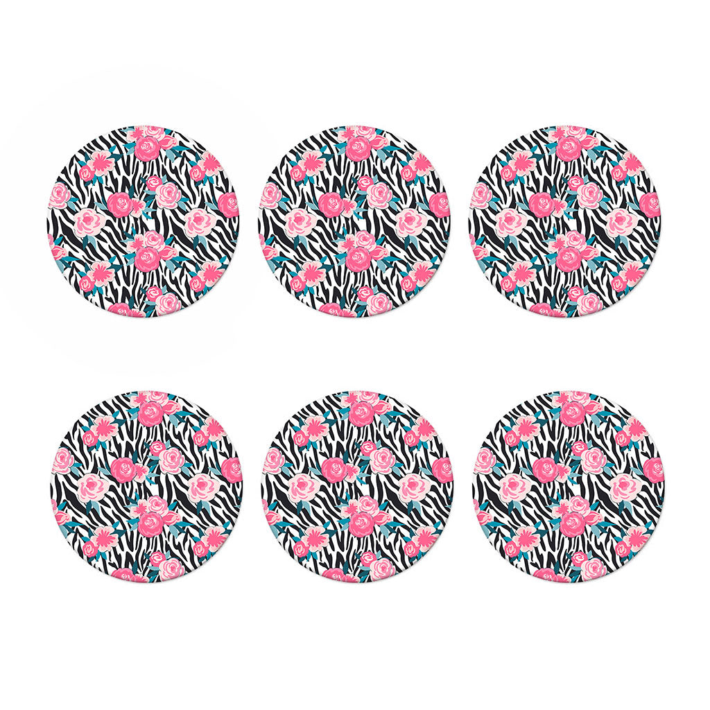 Black White Zebra Floral Pattern Print Coaster Set