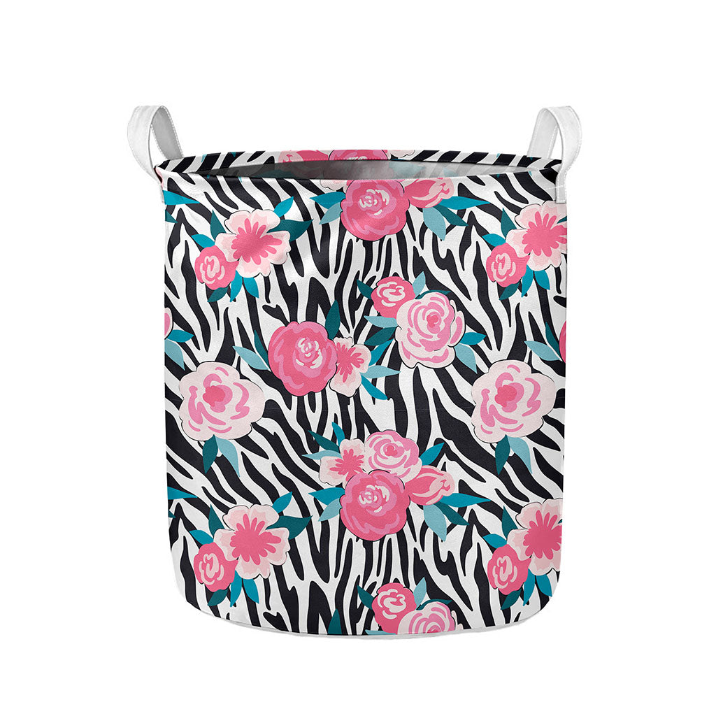 Black White Zebra Floral Pattern Print Collapsible Laundry Basket