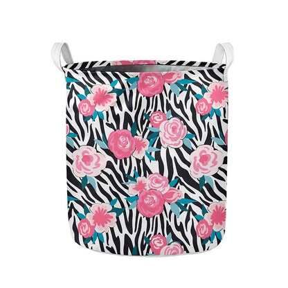 Black White Zebra Floral Pattern Print Collapsible Laundry Basket