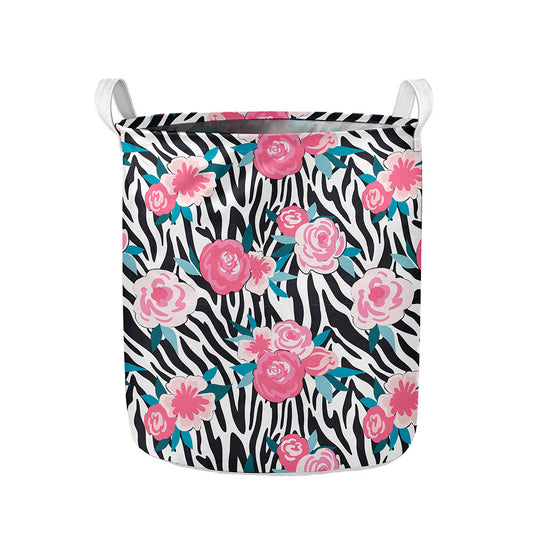 Black White Zebra Floral Pattern Print Collapsible Laundry Basket