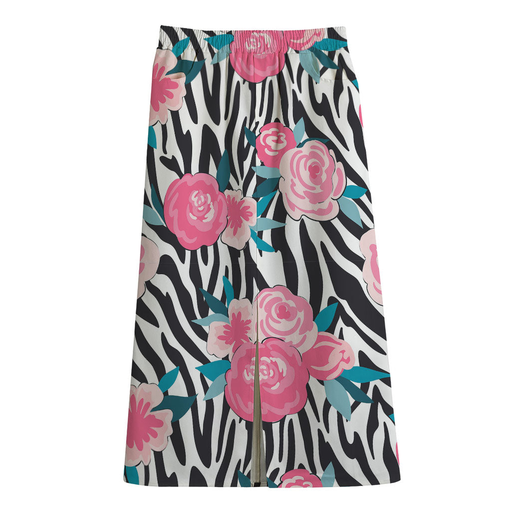 Black White Zebra Floral Pattern Print Cotton Front Slit Maxi Skirt