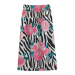 Black White Zebra Floral Pattern Print Cotton Front Slit Maxi Skirt