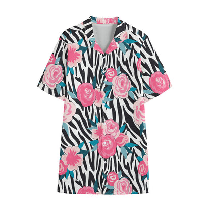 Black White Zebra Floral Pattern Print Cotton Hawaiian Shirt