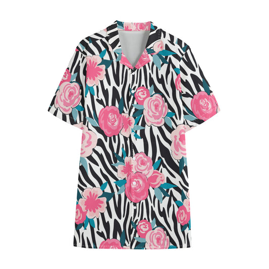 Black White Zebra Floral Pattern Print Cotton Hawaiian Shirt