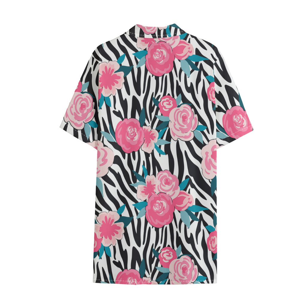 Black White Zebra Floral Pattern Print Cotton Hawaiian Shirt