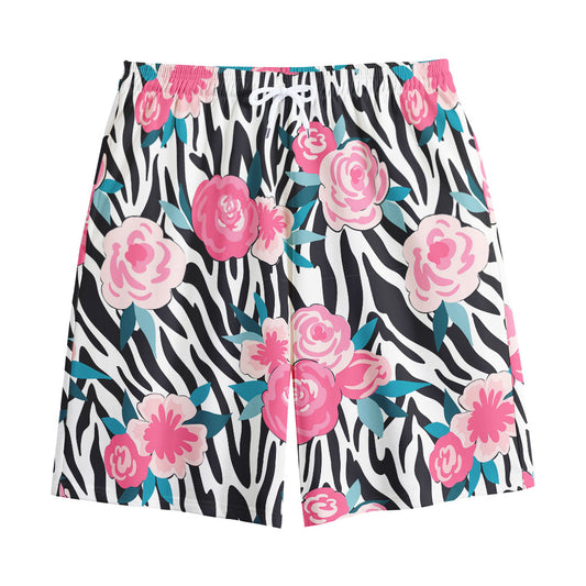 Black White Zebra Floral Pattern Print Cotton Shorts