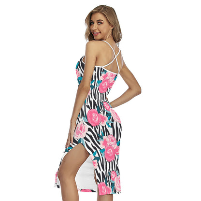 Black White Zebra Floral Pattern Print Cross Back Cami Dress