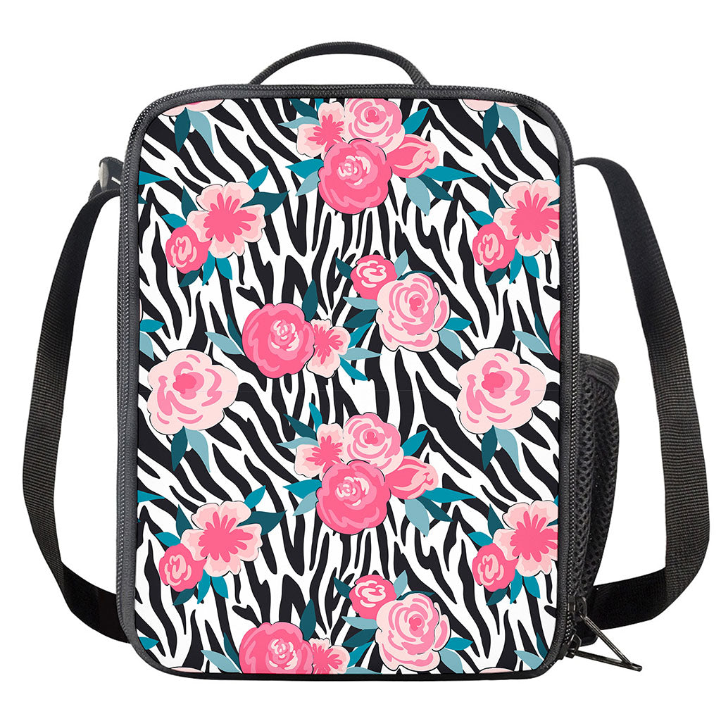 Black White Zebra Floral Pattern Print Crossbody Lunch Bag